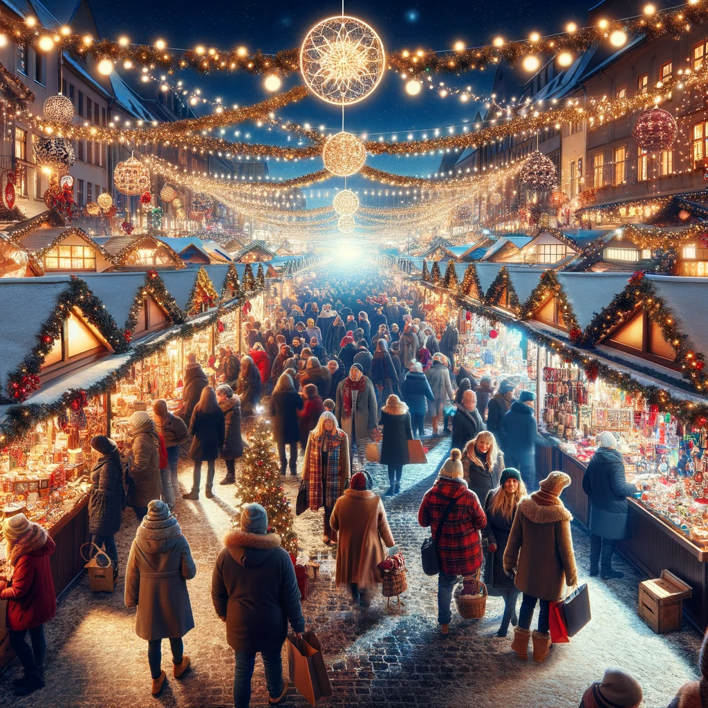 A Christmas market scene with stalls, lights, and people shopping.