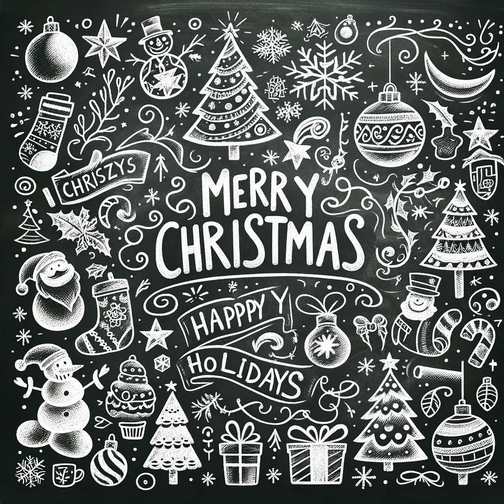 A chalkboard style illustration featuring Christmas greetings and doodles.