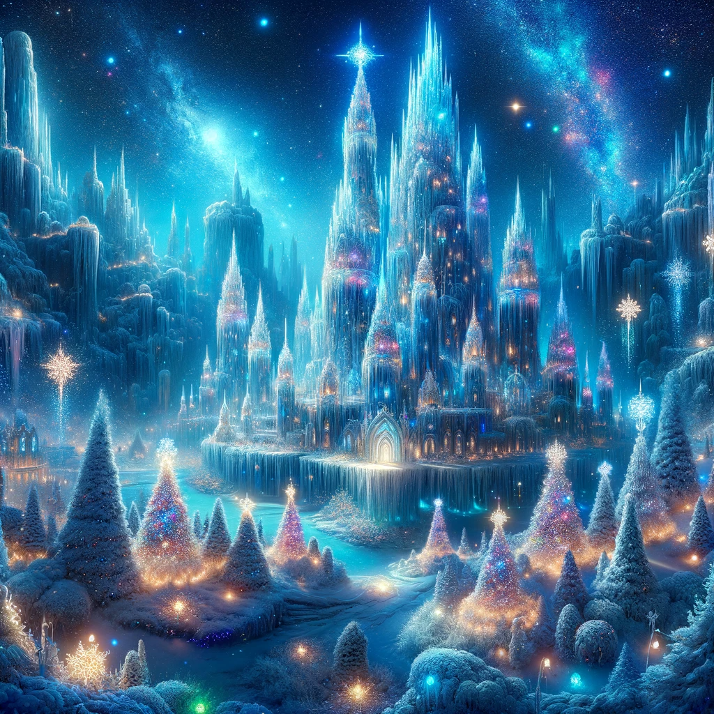 A fantasy landscape with ice castles and magical Christmas lights.