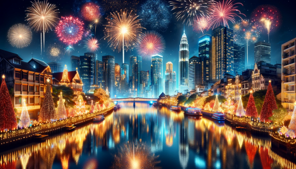 A festive skyline with fireworks and Christmas lights reflecting on a river.