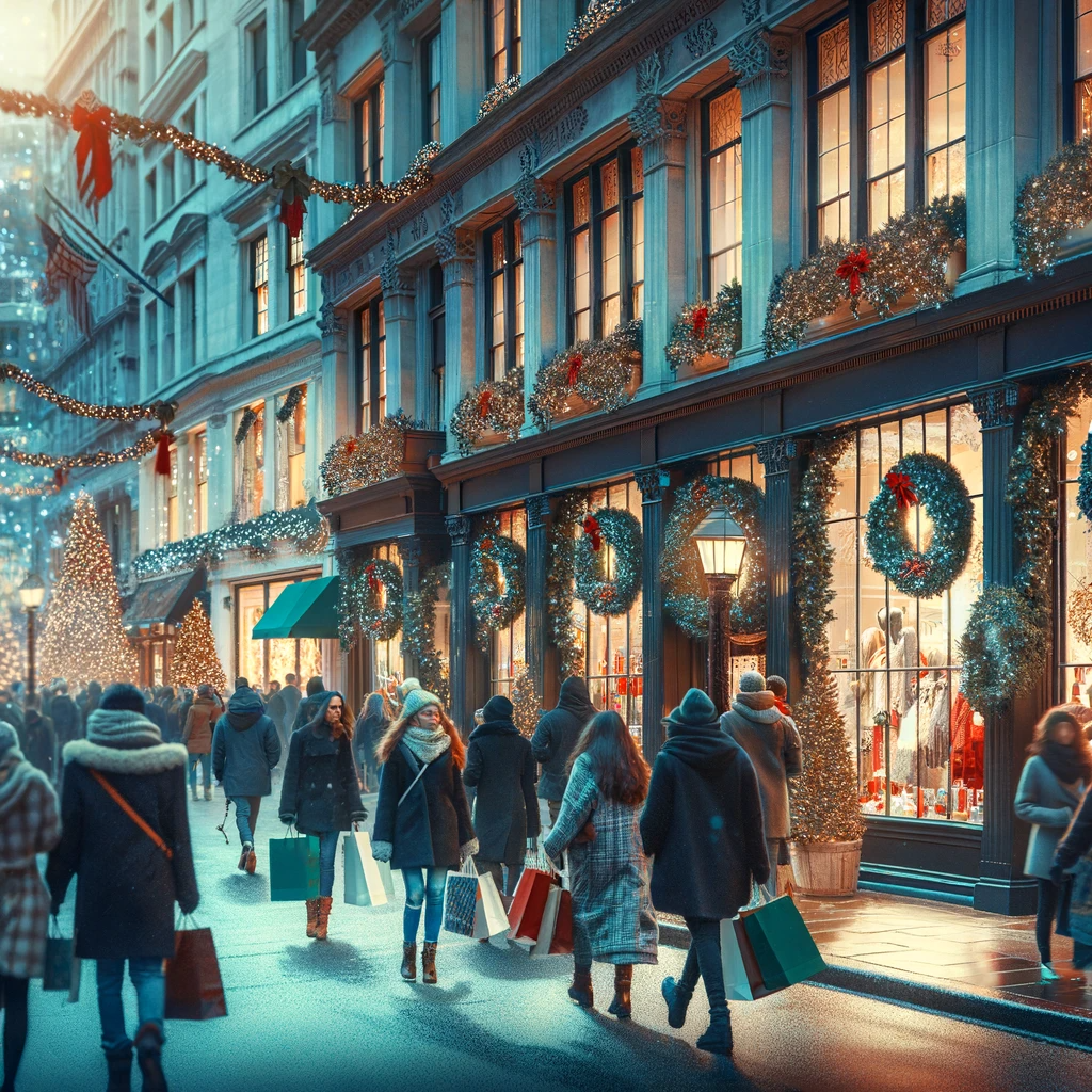 A festive streetscape with holiday shoppers and decorated store windows.