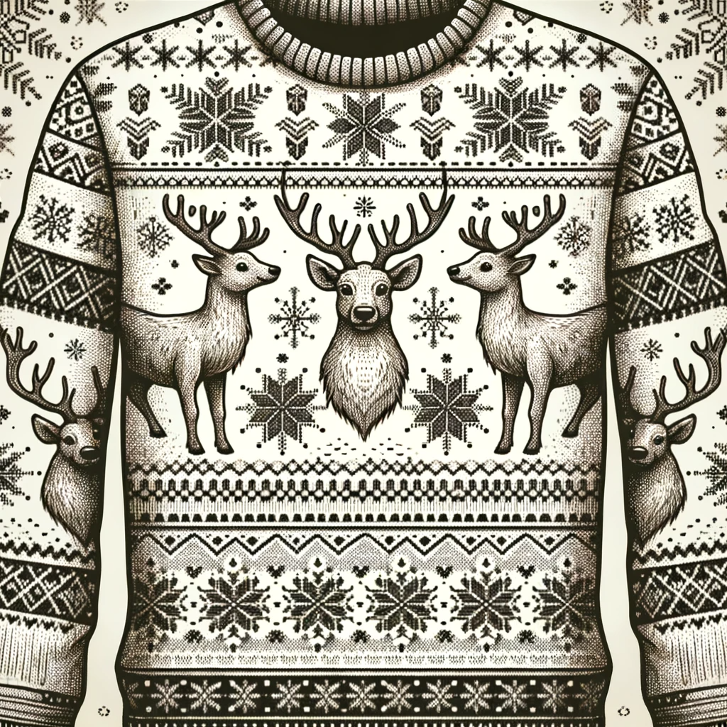 A hand-drawn illustration of a Christmas sweater pattern with reindeer and snowflakes.