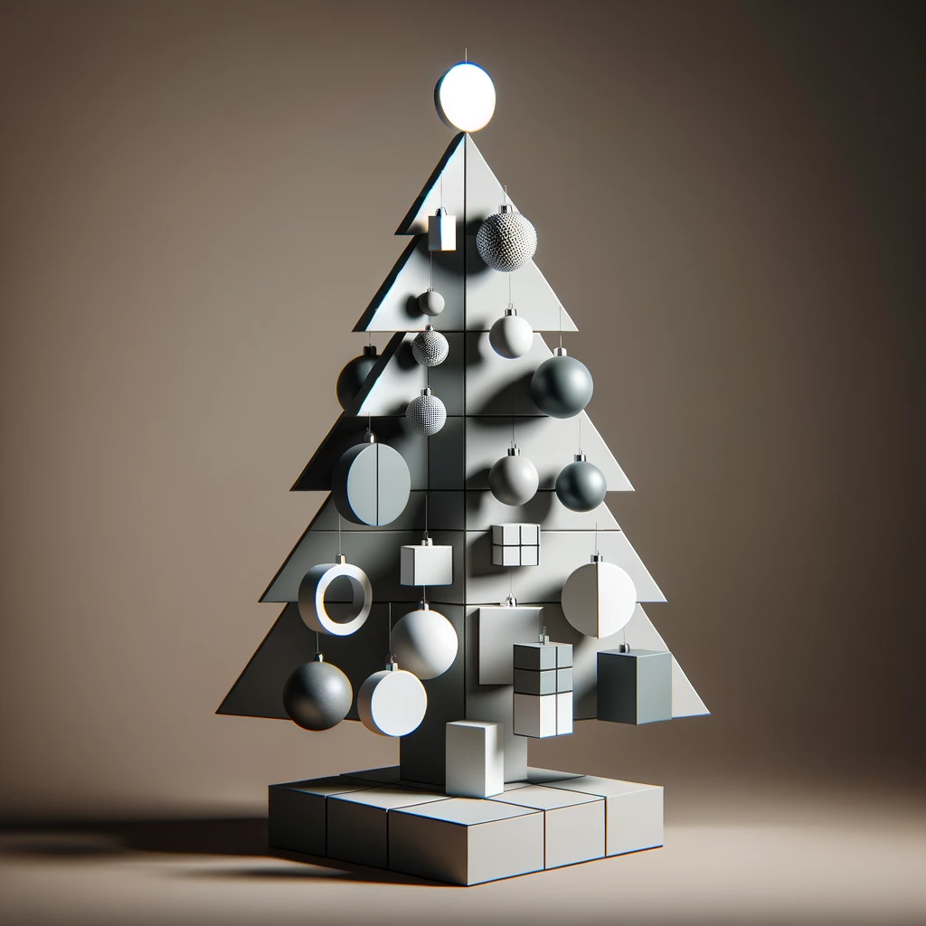 A modern, minimalist Christmas tree with geometric ornaments.