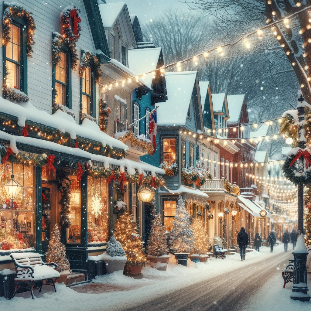 A quaint street in a small town, adorned with Christmas lights and snow.