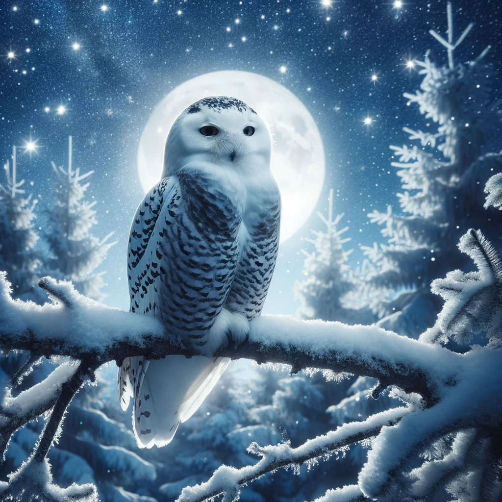 A snowy owl perched on a branch with a backdrop of a winter night sky.