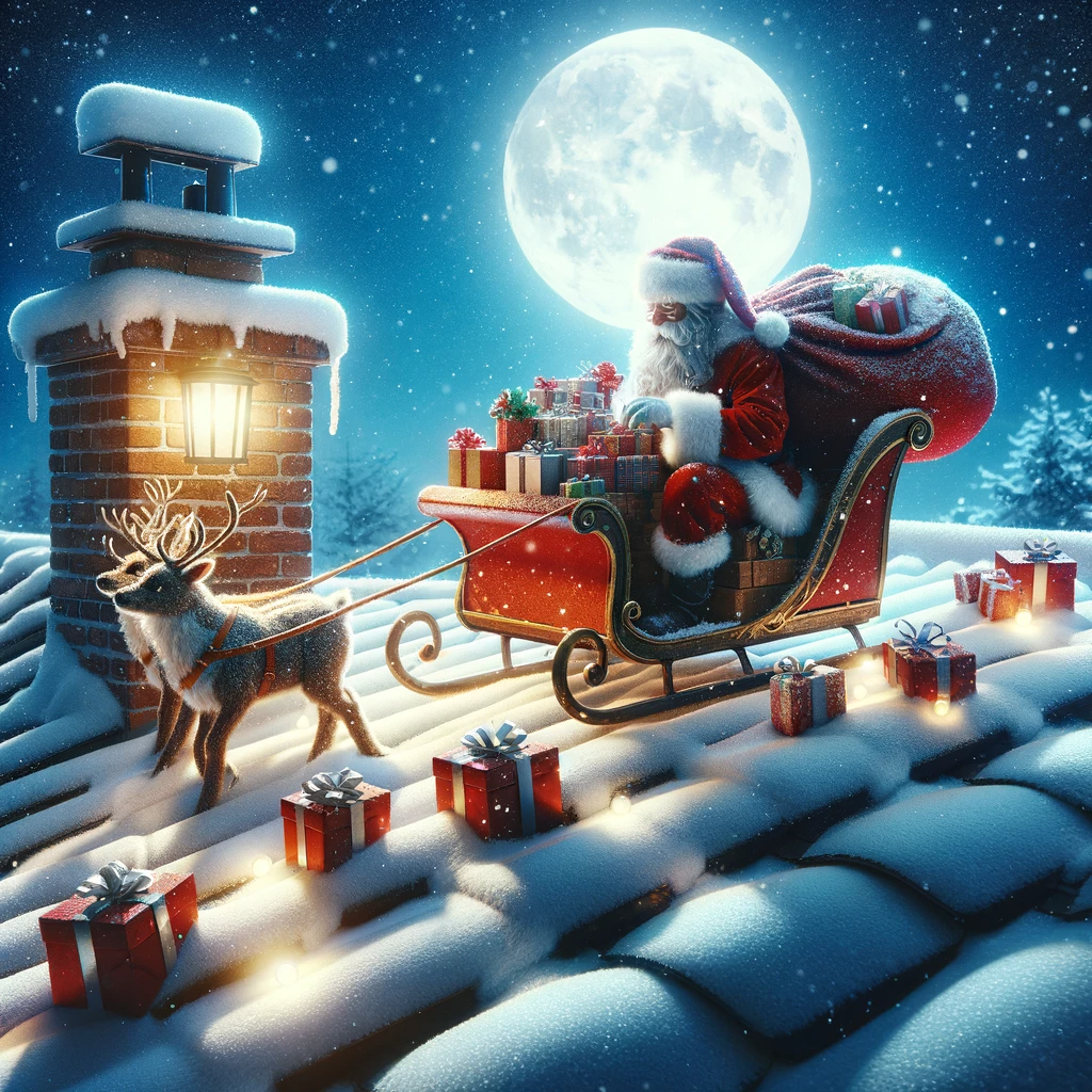 A snowy rooftop scene with Santa Claus and his sleigh full of presents.