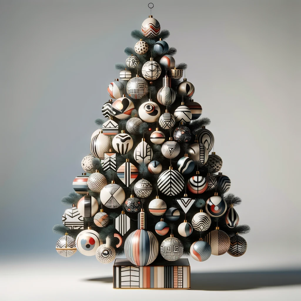 A stylish and modern Christmas tree with abstract ornaments and patterns.