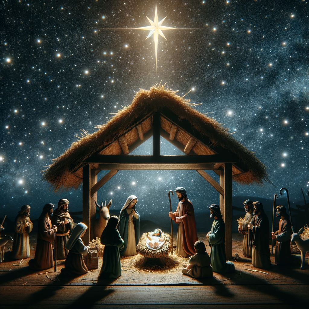 A traditional Nativity scene with a starry night background.