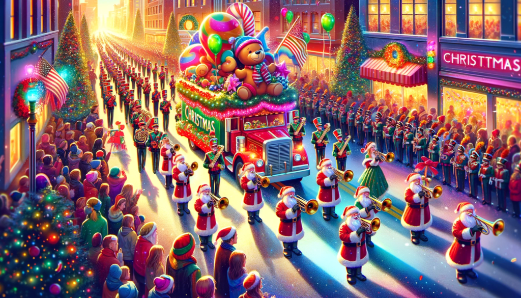 A vibrant scene of a Christmas parade with floats and marching bands.