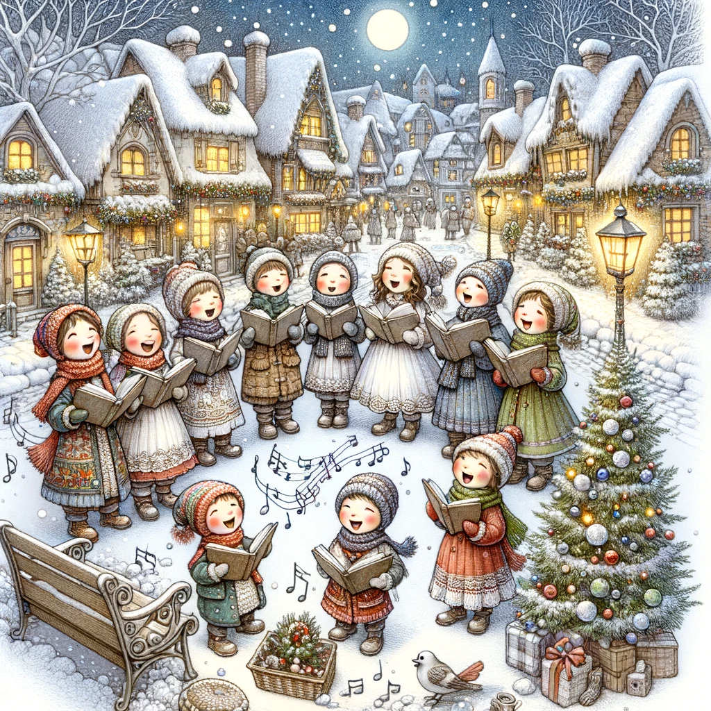 A whimsical drawing of Christmas carolers in a snowy village.