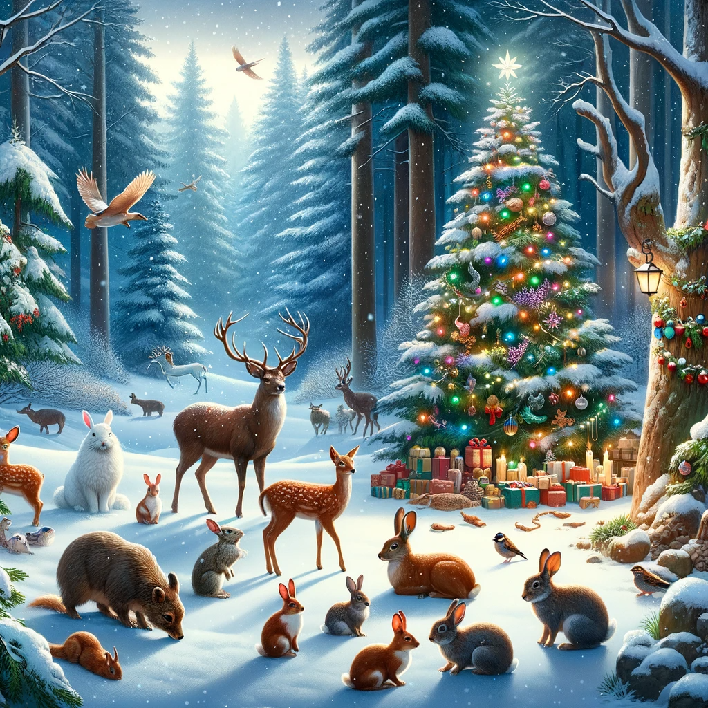 A winter forest scene with animals gathered around a decorated tree.